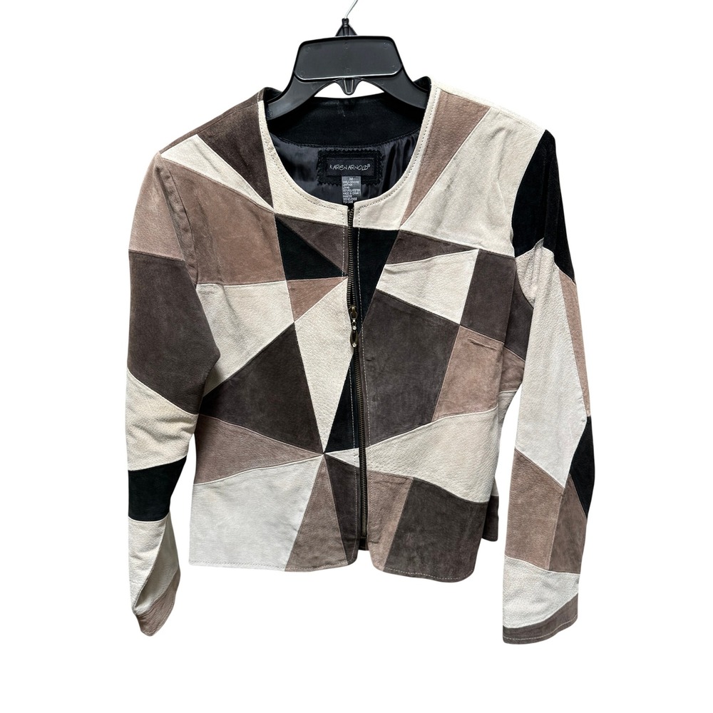 Karen Arnold Jacket Women M Brown Patchwork Suede Leather Zip Up‎ Vintage 90s